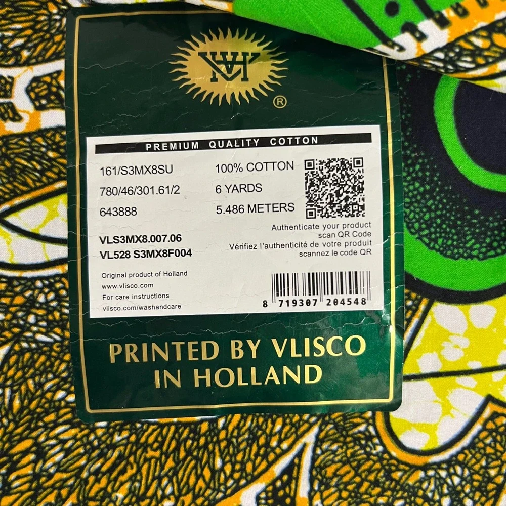 Vlisco Super-Wax 6 Yds Genuine Dutch Wax Block Print Cotton Fabric Green Floral